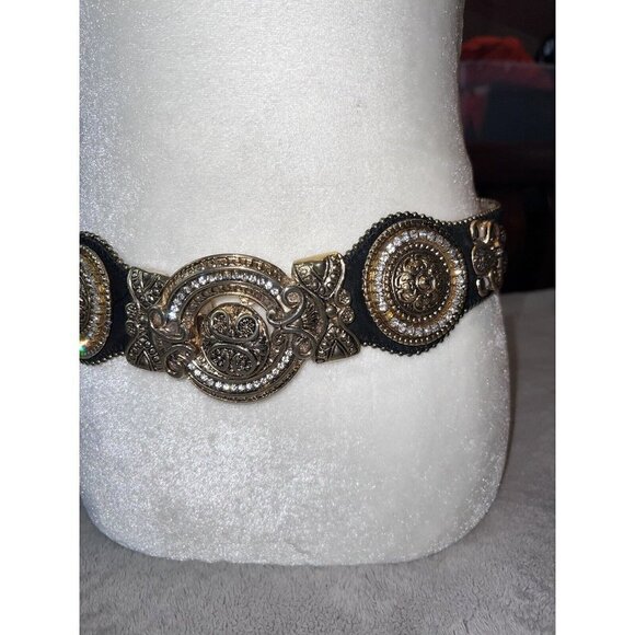 Vintage IBEL Italy Black Suede Adjustable Gold Buckle Details Jewels Waist - Picture 2 of 11